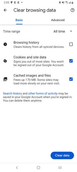 The "Clear browsing data" menu in Chrome on Android